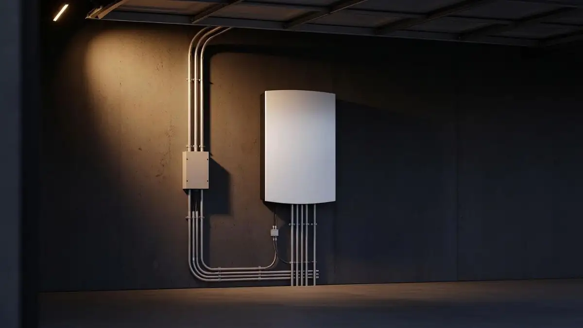 Wall-mounted home battery backup system installed by ABC Service on a clean concrete garage wall with neatly routed conduit.