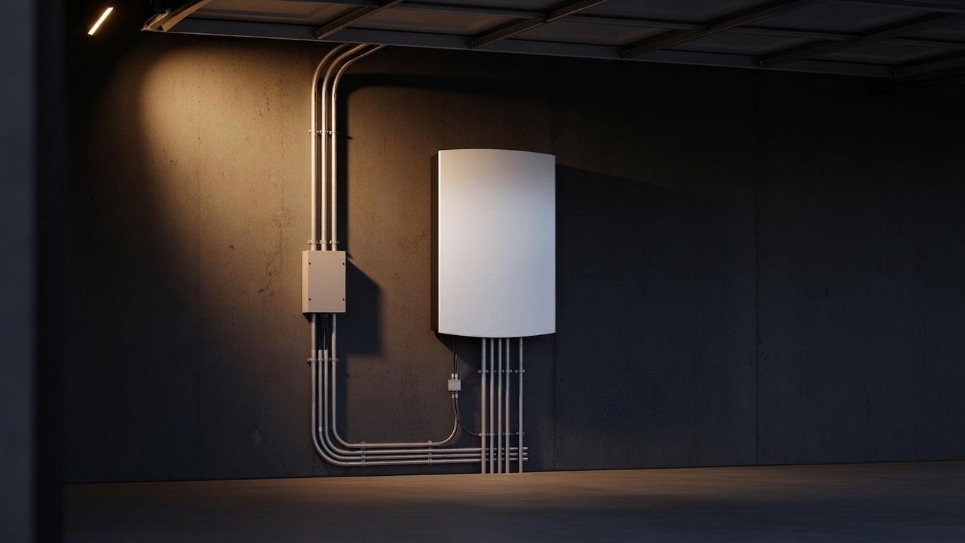 Wall-mounted home battery backup system installed by ABC Service on a clean concrete garage wall with neatly routed conduit.