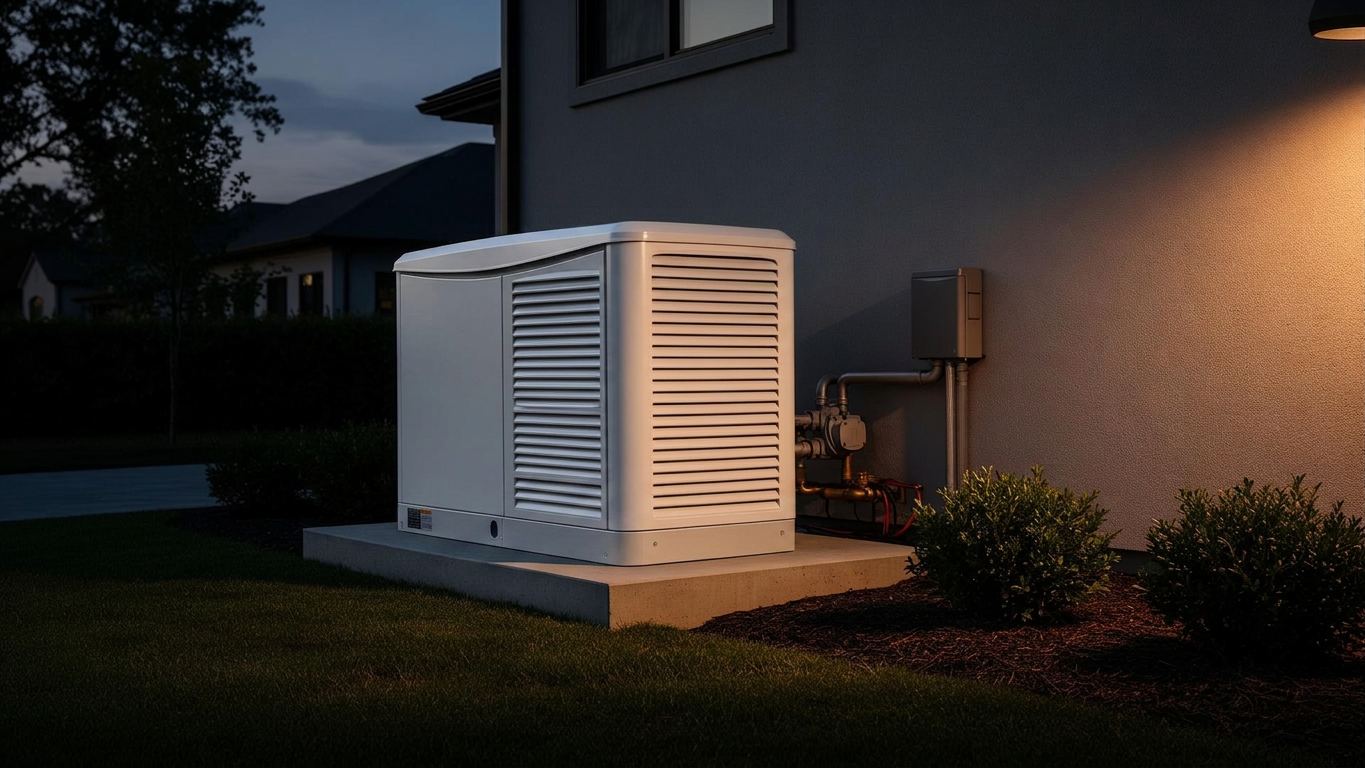 Natural-gas standby generator on a concrete pad beside a modern home at dusk, installed by ABC Service with clean gas and electrical service.