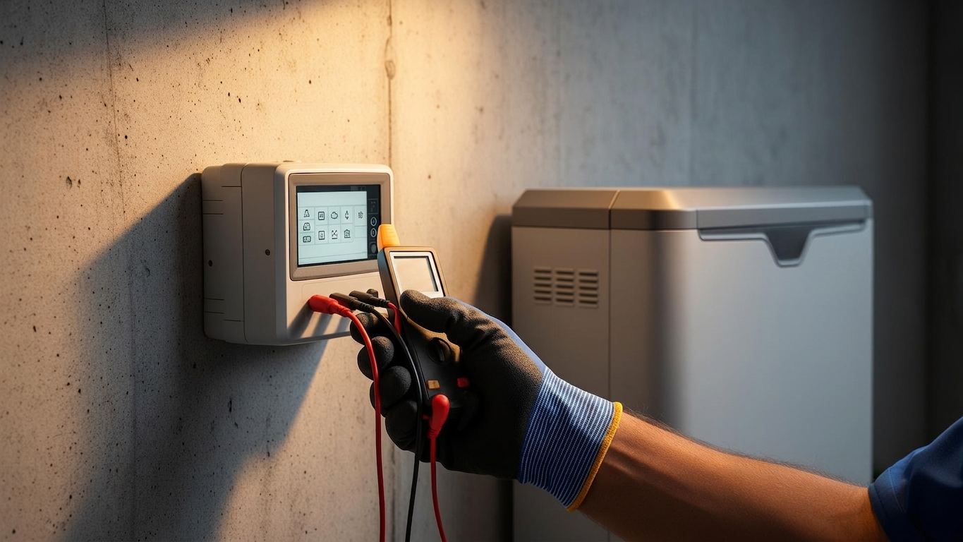 ABC Service technician using a multimeter to test a wall-mounted backup power monitoring controller beside a home battery system.