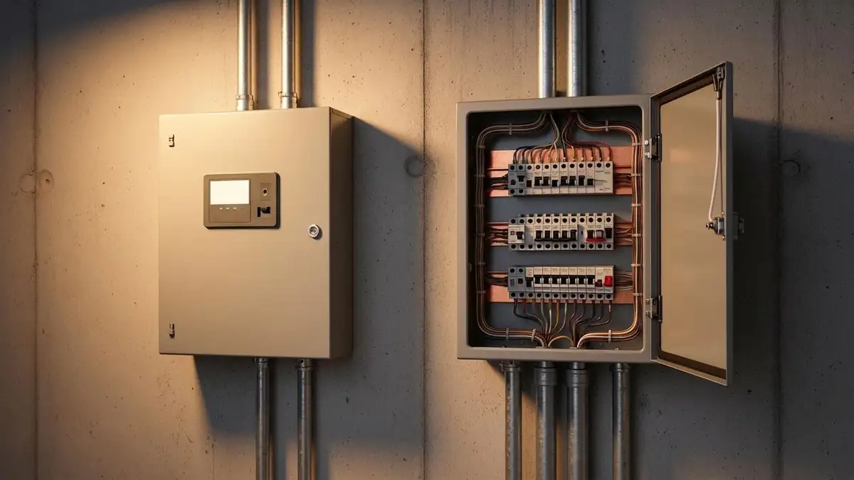 Automatic transfer switch and critical-load sub-panel installed by ABC Service on a concrete wall with tidy conduit and organized breakers.
