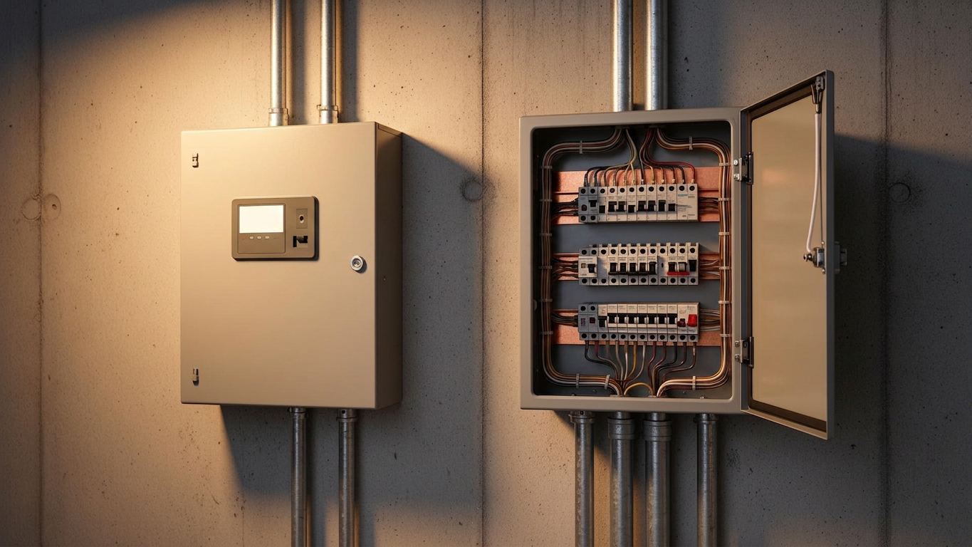 Automatic transfer switch and critical-load sub-panel installed by ABC Service on a concrete wall with tidy conduit and organized breakers.