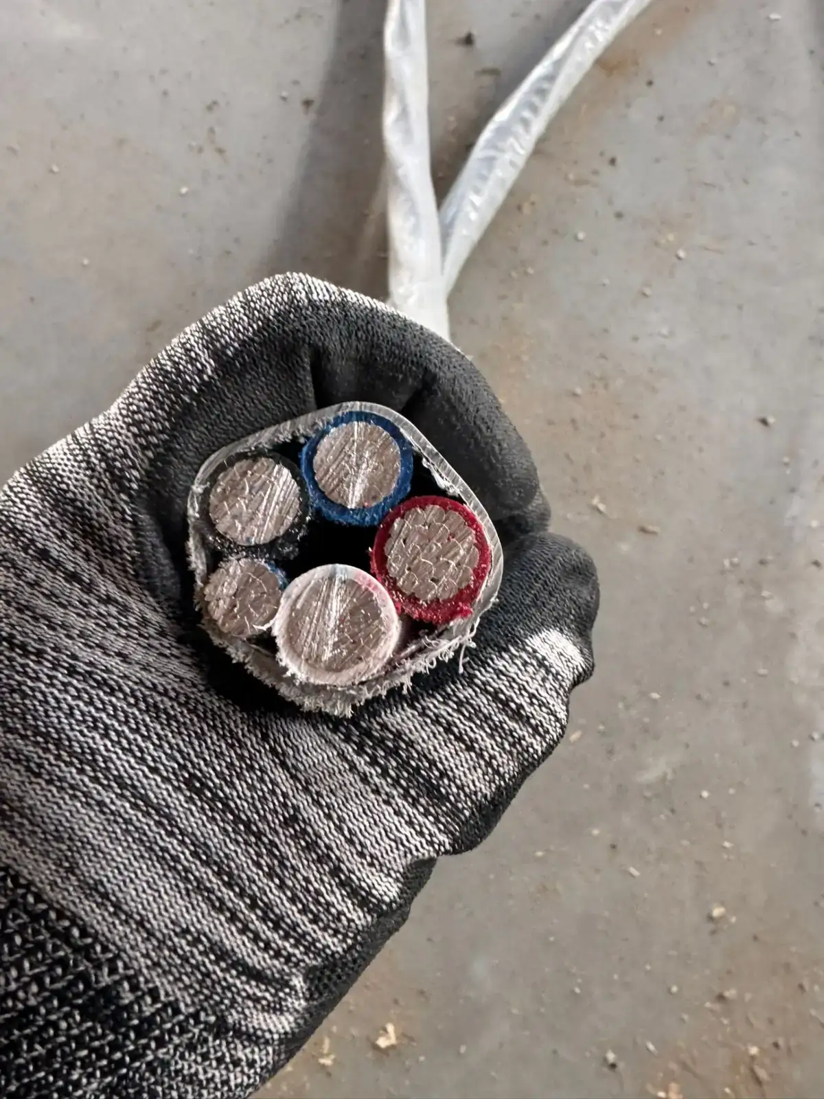 Cross-section of a large multi-conductor commercial feeder cable held by an ABC Service electrician on a Bay Area job site