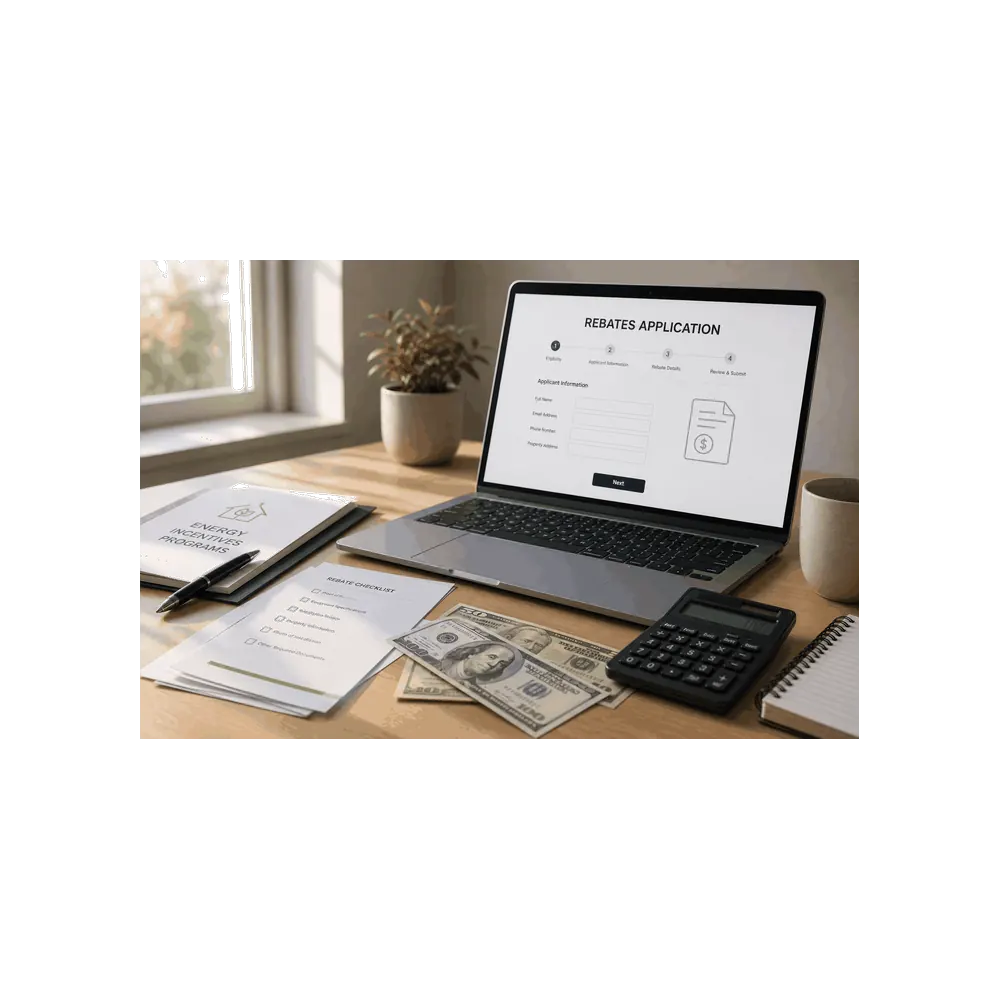 Clean workspace with a laptop showing a rebates application, energy incentive program folder, rebate checklist, and calculator.