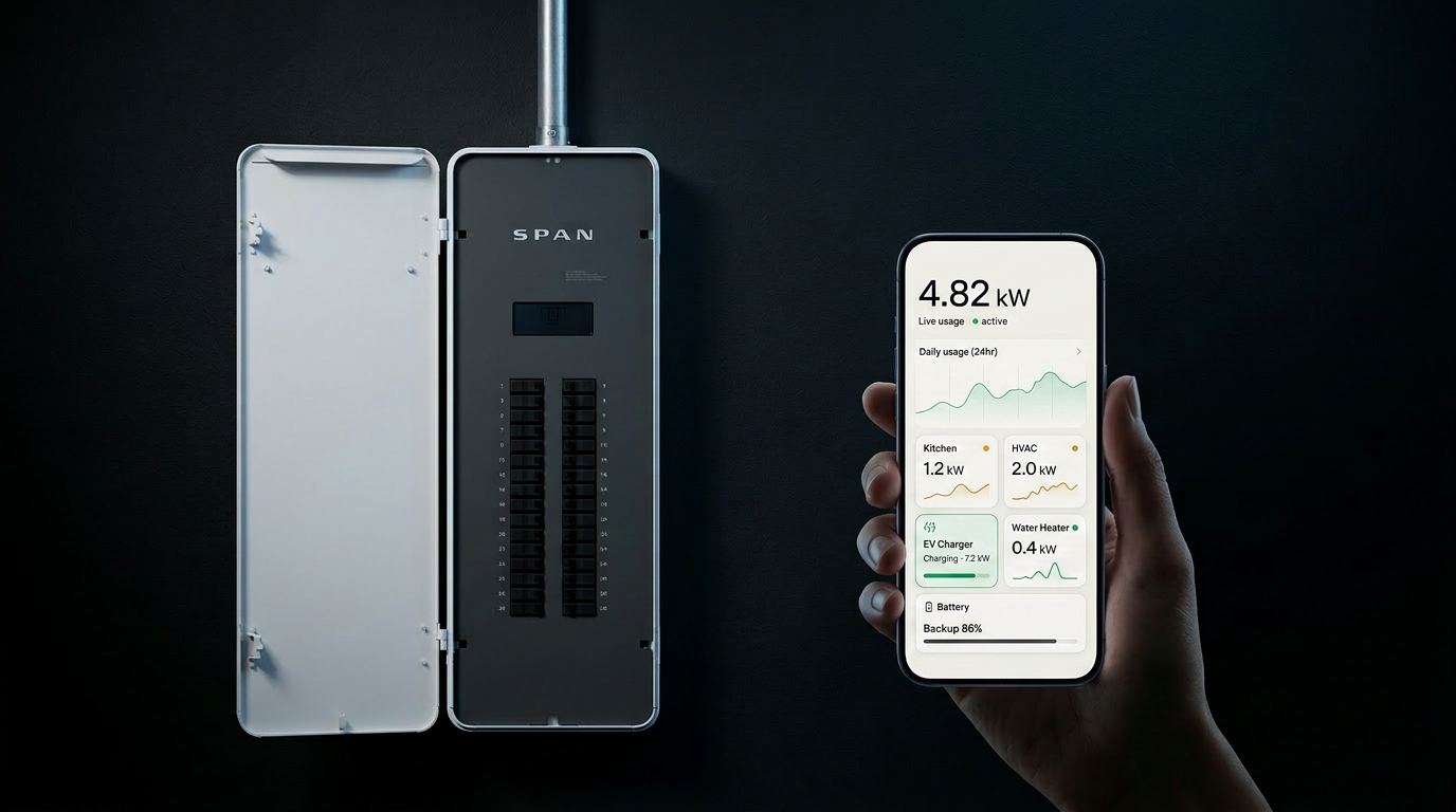 SPAN smart electrical panel installed by ABC Service, a SPAN authorized dealer, alongside a smartphone showing the SPAN app monitoring live circuits and dynamic load balancing for EV charging and backup power.