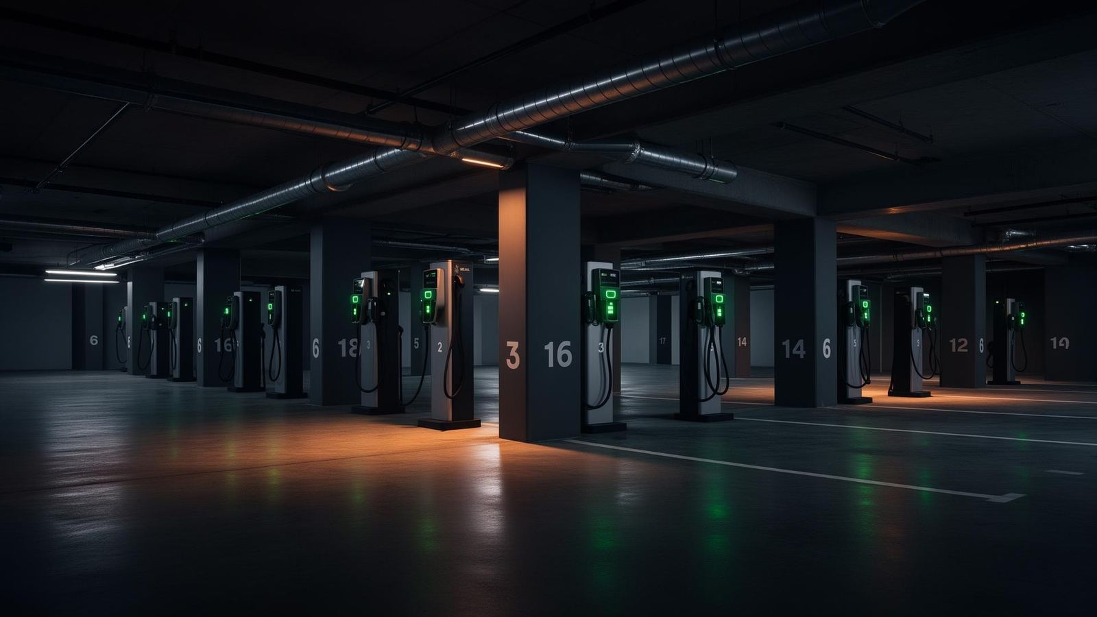 Row of pedestal-style Level 2 EV chargers installed by ABC Service in a multi-family parking garage with clean overhead conduit serving numbered stalls.