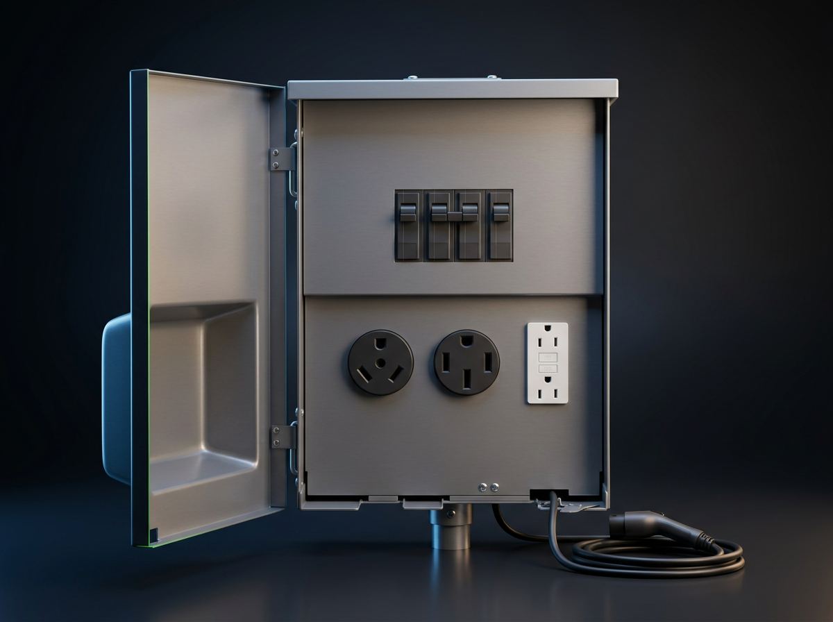 EV-dedicated electrical sub-panel installed by ABC Service with organized breakers, tidy wire routing, and conduit feed in a residential garage.