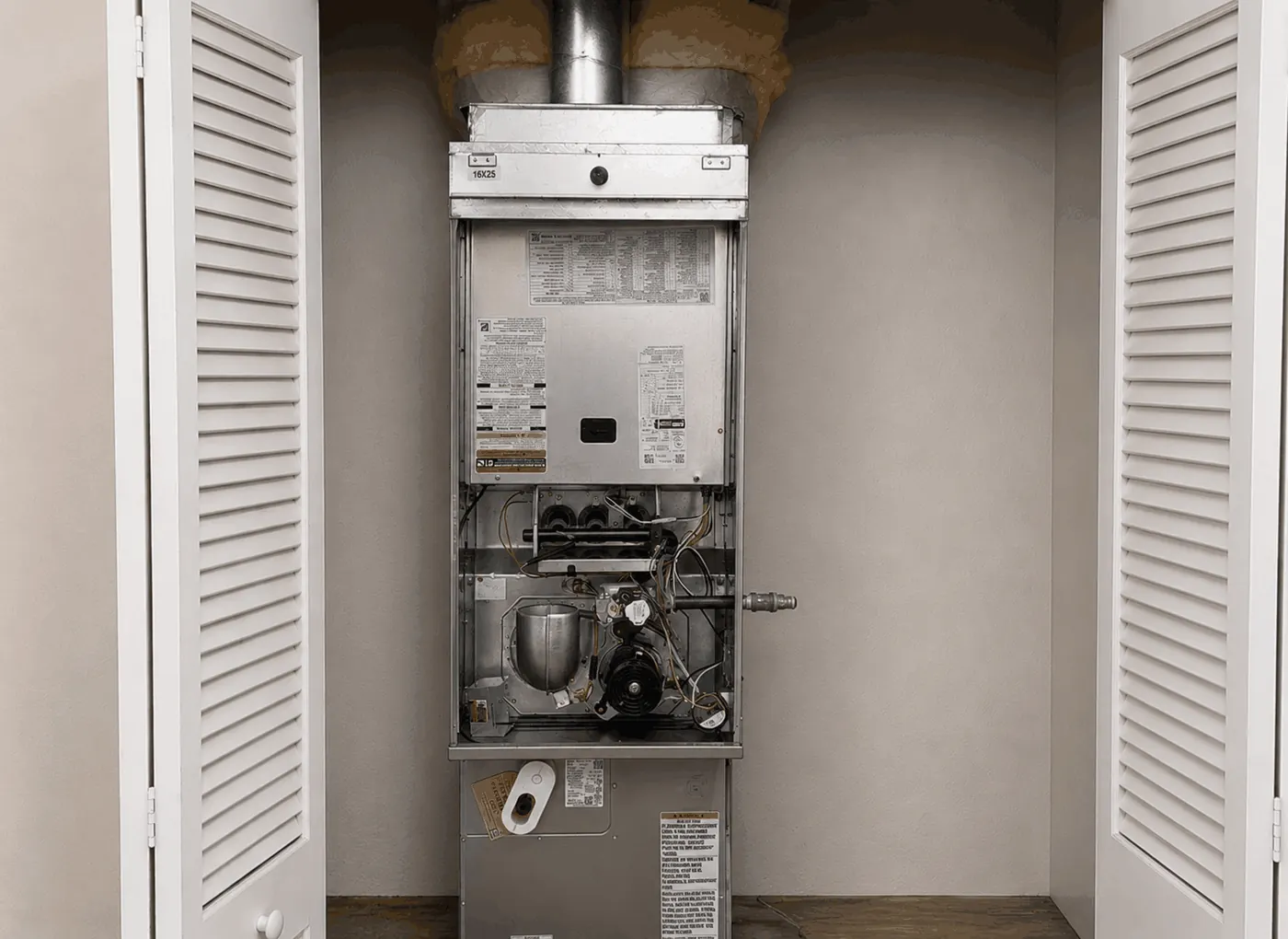 Newly replaced high-efficiency furnace installed in a Bay Area closet.