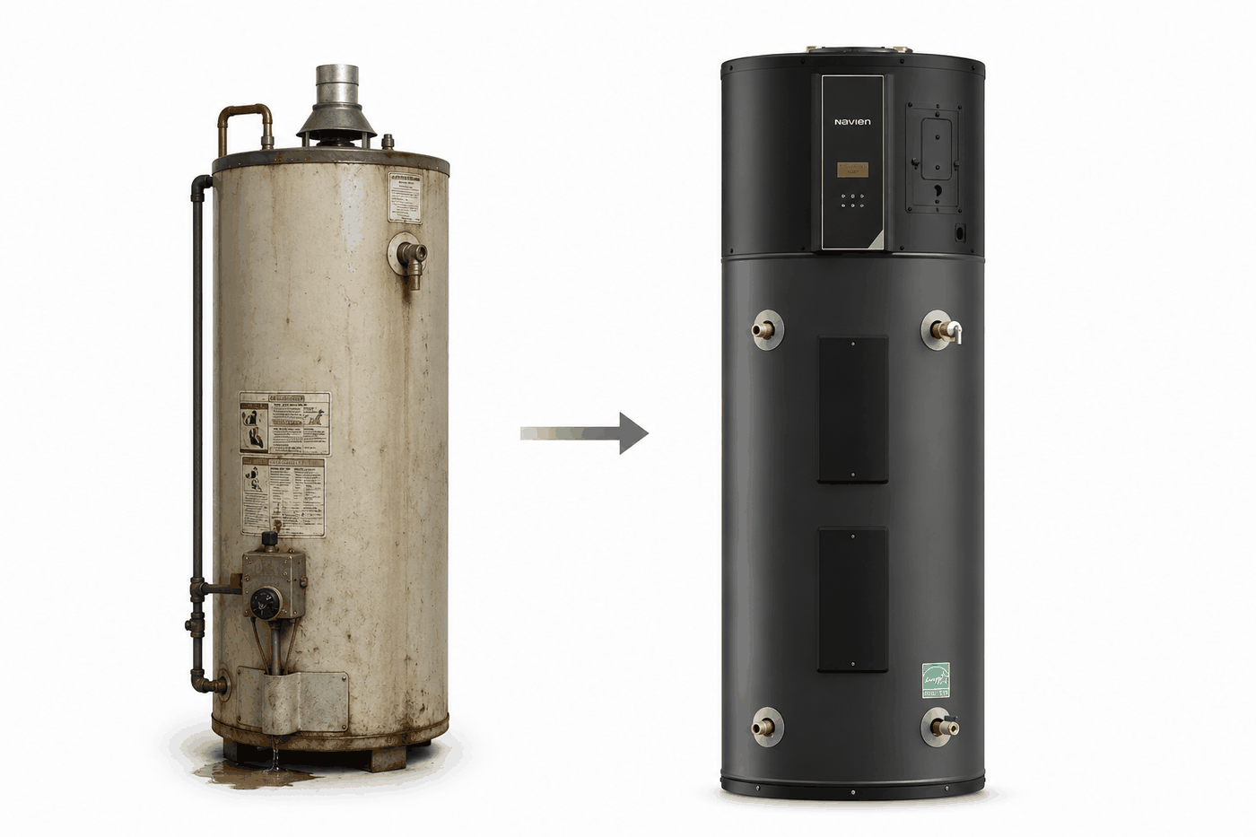 Old corroded gas water heater replaced with a modern Navien heat pump water heater.