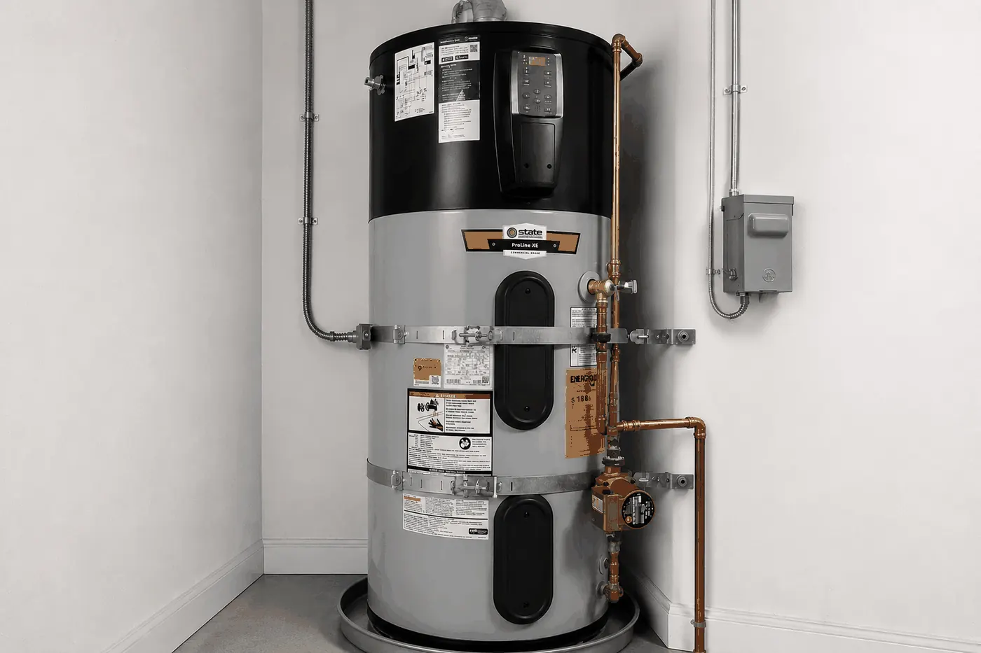 Heat pump water heater installed with copper plumbing and dedicated 240V electrical disconnect.