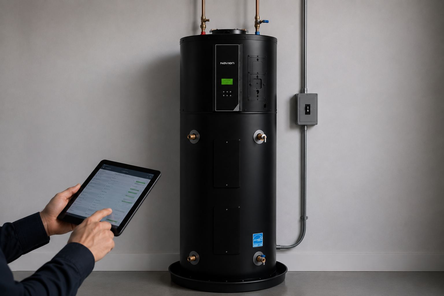 Technician using a tablet to run diagnostics on a modern black heat pump water heater in a clean utility room.