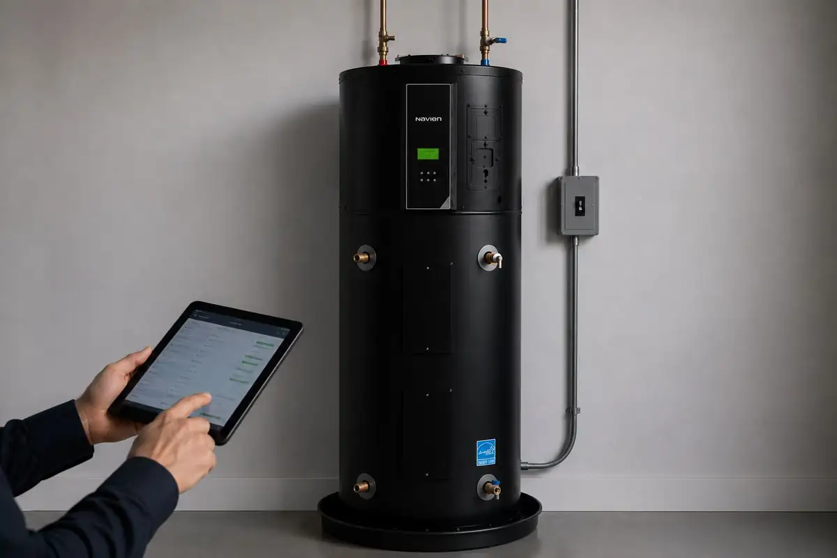 Technician using a tablet to run diagnostics on a modern black heat pump water heater in a clean utility room.