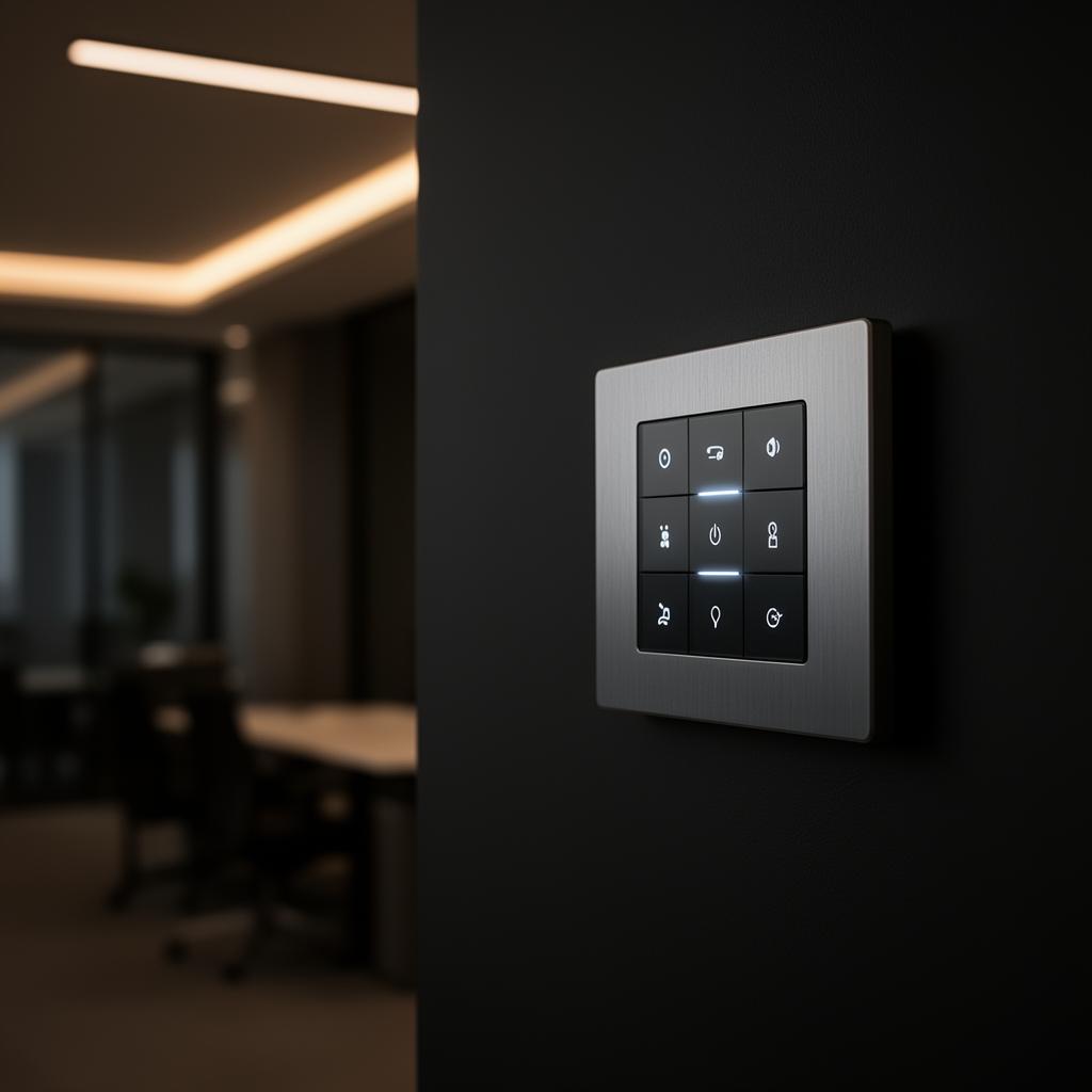 Brushed-metal smart lighting control keypad commissioned by ABC Service on a dark wall in a premium commercial interior with dimmed architectural cove lighting.