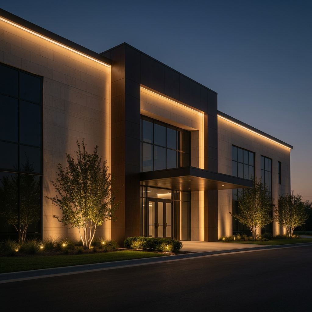 Modern commercial building facade at dusk illuminated by warm architectural LED cove lighting and landscape uplights installed by ABC Service.