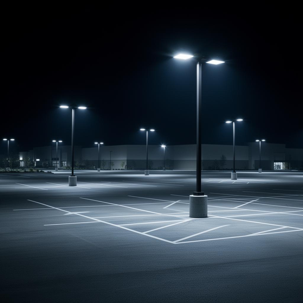 Modern commercial parking lot at night evenly illuminated by tall LED shoebox pole lights installed by ABC Service.