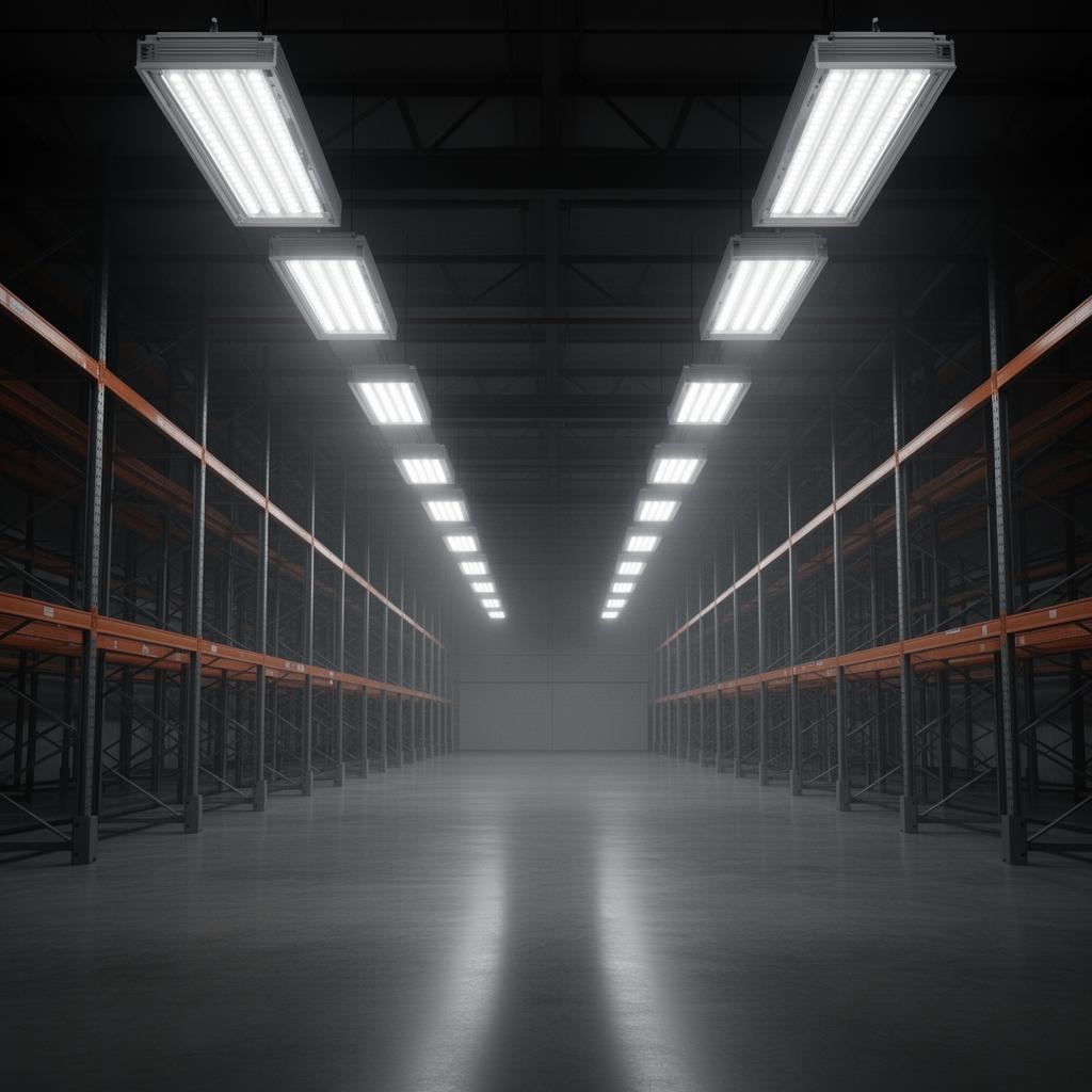 Commercial warehouse interior retrofitted by ABC Service with rows of linear LED high-bay fixtures casting clean even light across polished concrete floors.