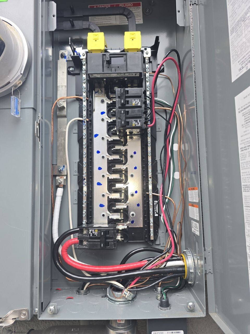 Newly installed Square D main electrical panel with neatly landed conductors and main breaker during an ABC Service panel replacement in the Bay Area.