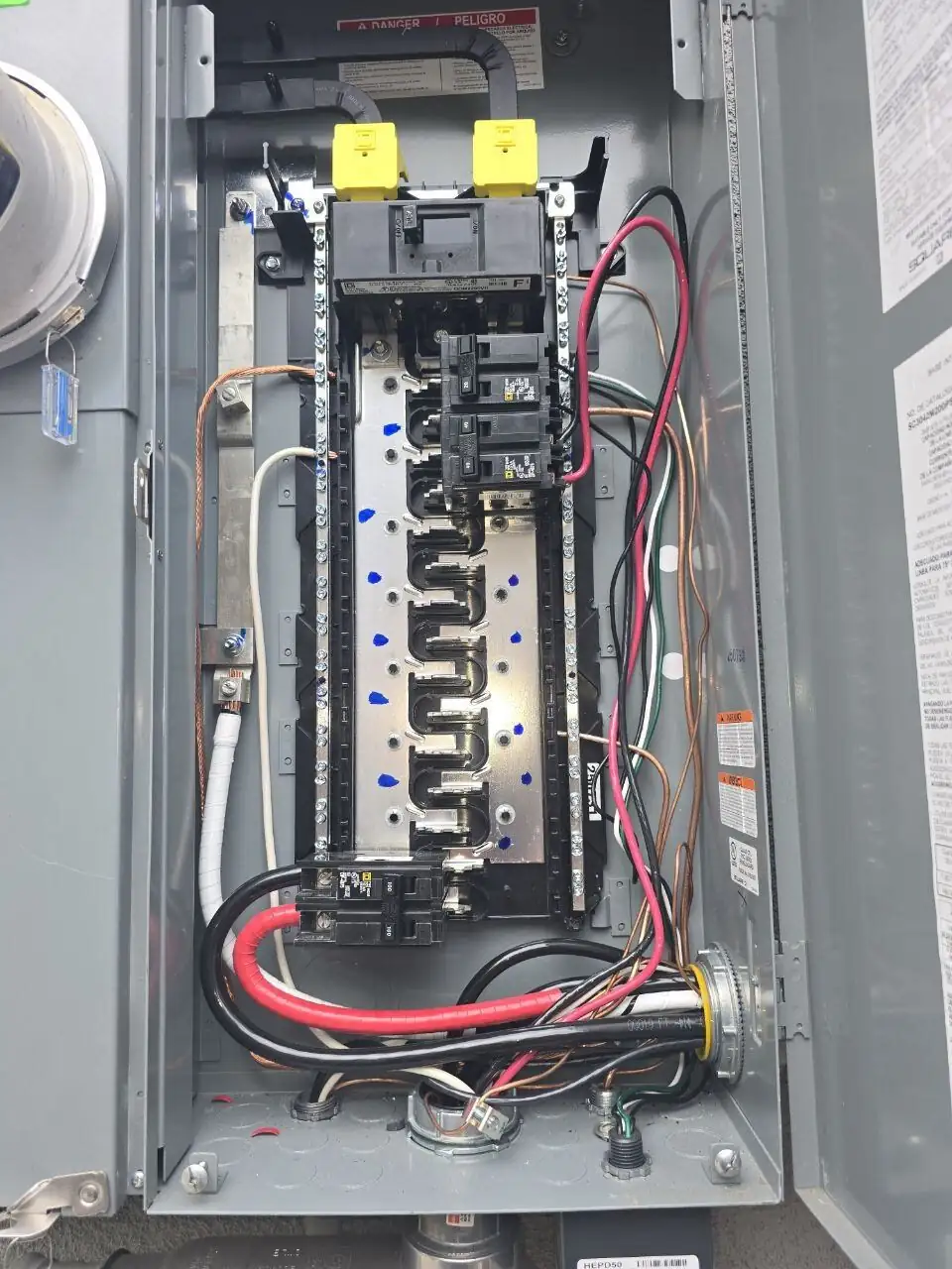 Newly installed Square D main electrical panel with neatly landed conductors and main breaker during an ABC Service panel replacement in the Bay Area.