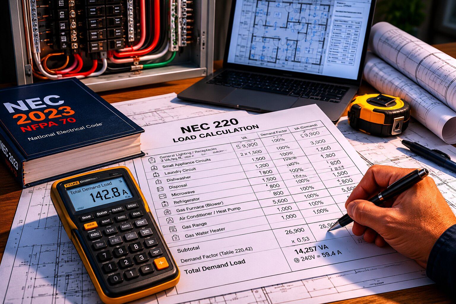 NEC 220 load calculation worksheet alongside the 2023 National Electrical Code, a load-calc calculator, and panel schedule on an ABC Service engineer's desk.