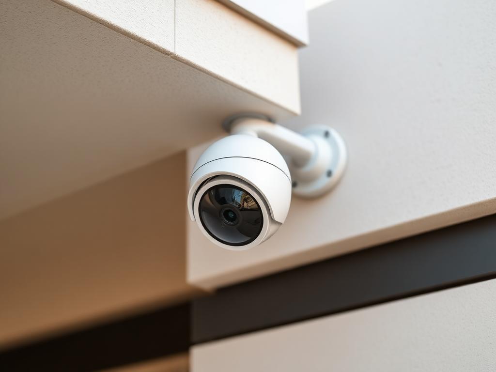 Modern security camera professionally installed under the eaves of a Bay Area home