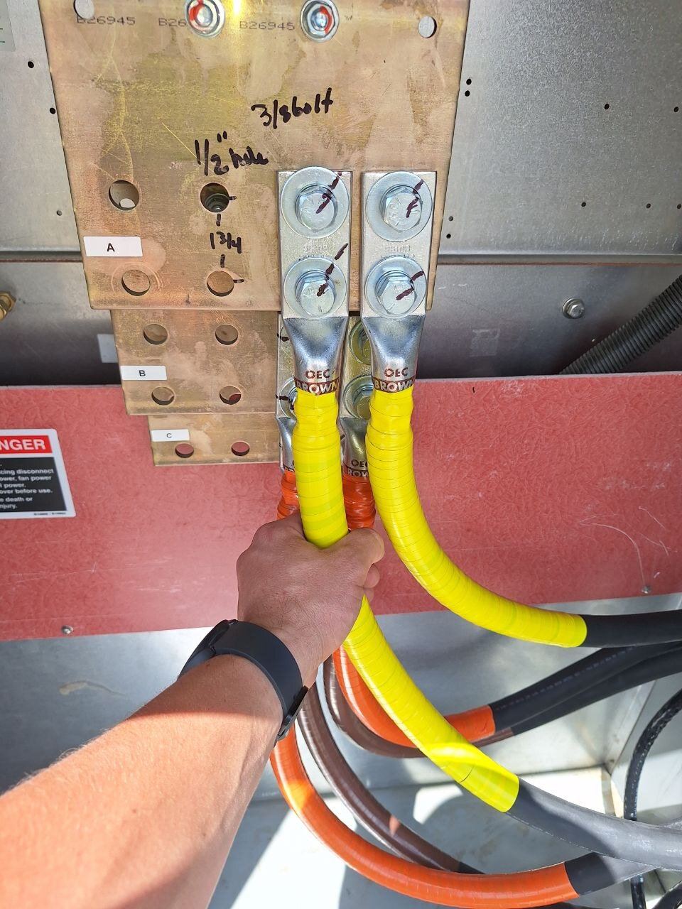 Heavy-gauge service-entrance conductors landed on the main lugs during an ABC Service 200A service upgrade in the Bay Area.