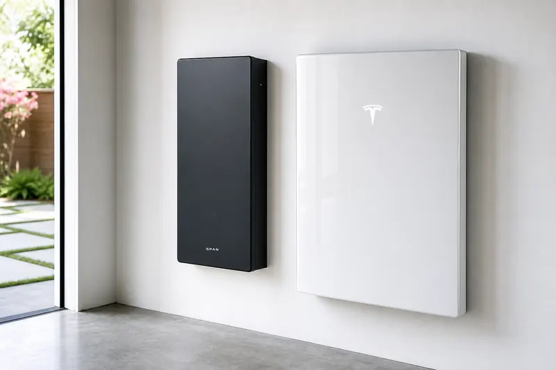 Realistic SPAN Smart Electrical Panel mounted flush on a clean white wall next to a Tesla Powerwall home battery for solar and backup integration.