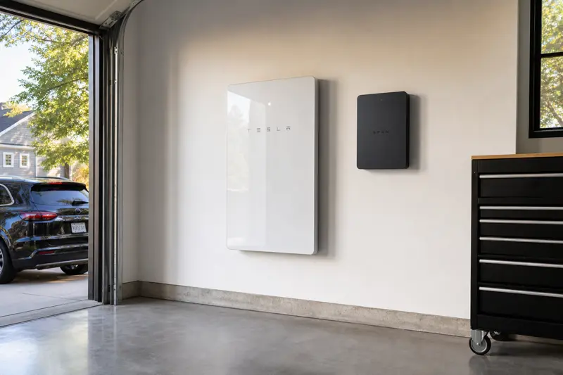 SPAN smart panel installed on a clean white interior wall alongside a Tesla Powerwall home battery for solar and backup integration.