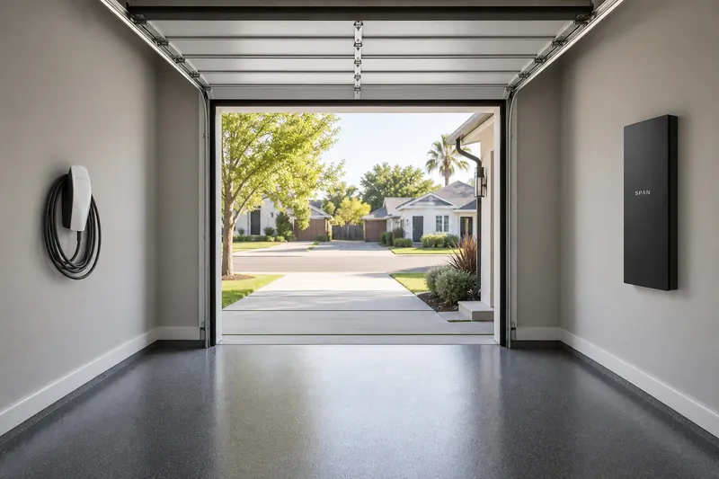 Modern California residential garage with the door open, a Tesla Wall Connector mounted on the left wall and a flush-mounted SPAN Smart Panel on the right wall.
