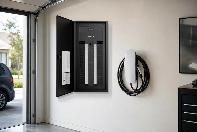 Open SPAN Smart Panel in a clean garage next to a modern Level 2 EV wall charger, showing the SPAN logo, smart breaker section, and circuit layout.