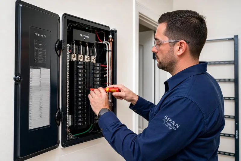 Licensed electrician landing a wire onto a smart breaker inside an open SPAN smart panel during a clean residential installation.