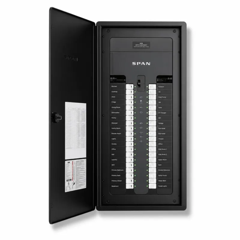 Matte-black SPAN smart electrical panel on a clean white studio background — front-on product shot with the white SPAN wordmark on the door.