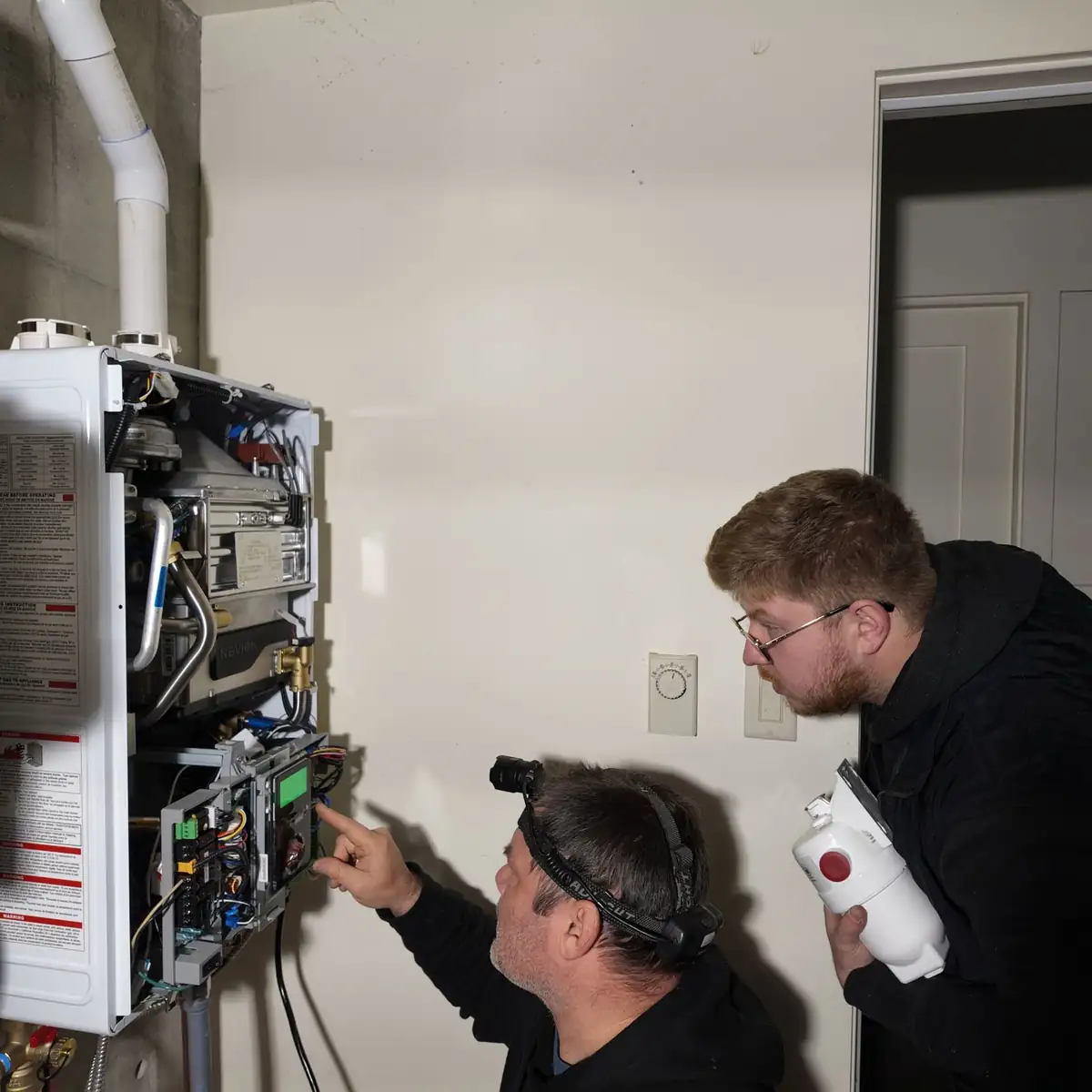 ABC Service technicians diagnosing a Navien condensing tankless water heater control board with a headlamp during a Bay Area service call.